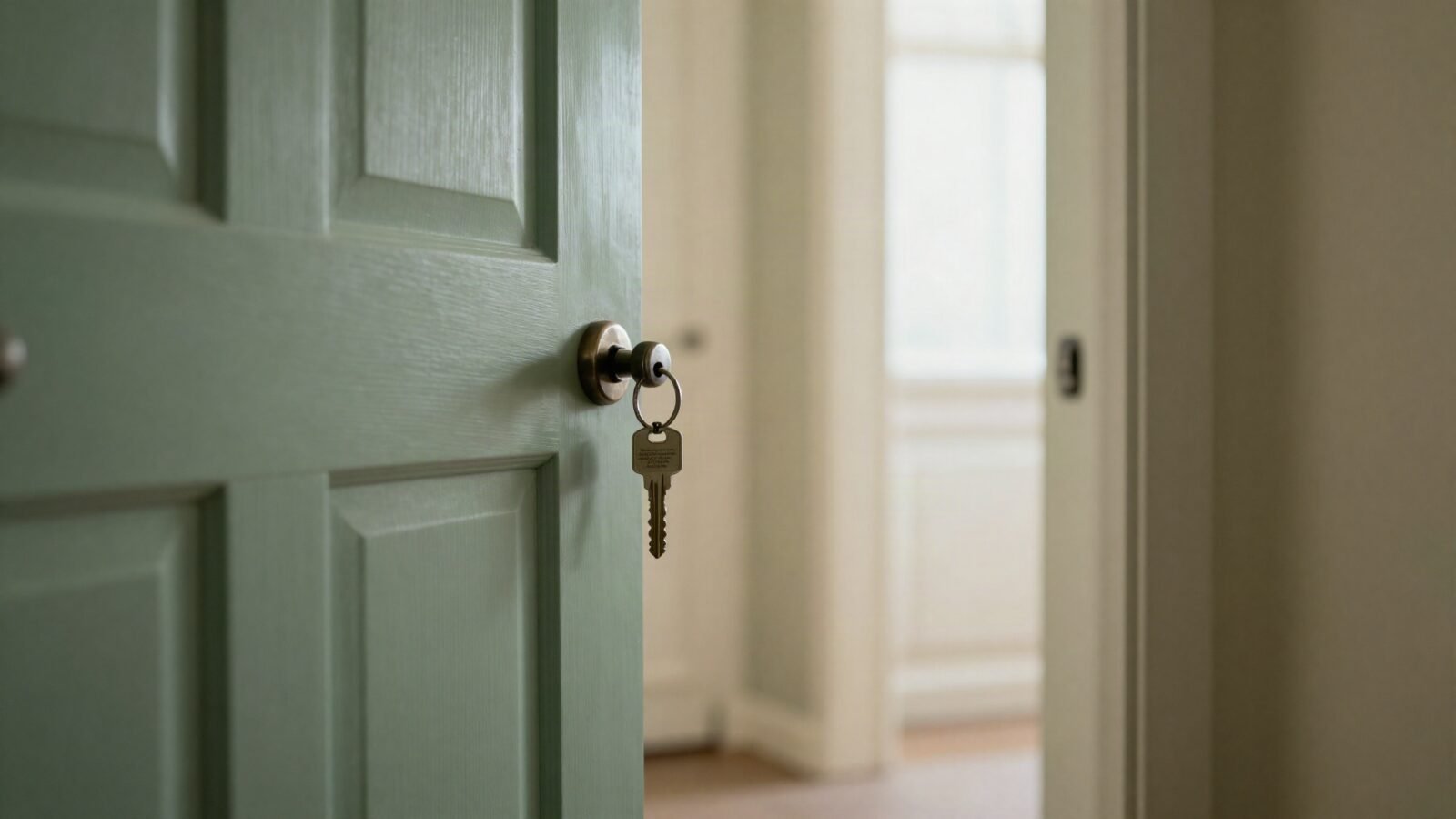 Puerta de apartamento cerrada con la llave puesta en la cerradura