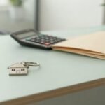 Escritorio de oficina con llavero en forma de casa y calculadora