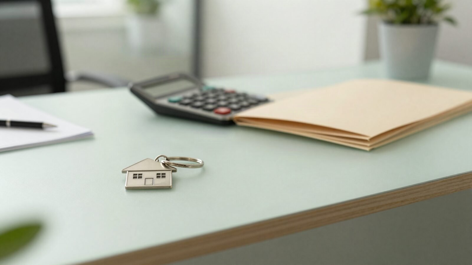 Escritorio de oficina con llavero en forma de casa y calculadora