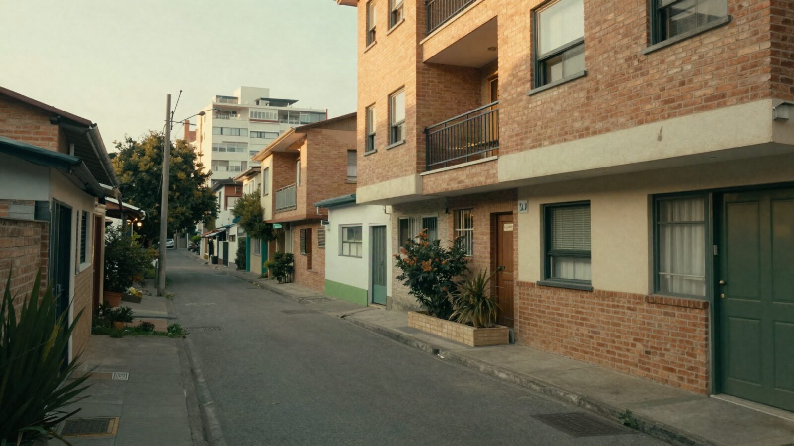 Calle residencial de Kennedy, Bogotá, con edificios de ladrillo