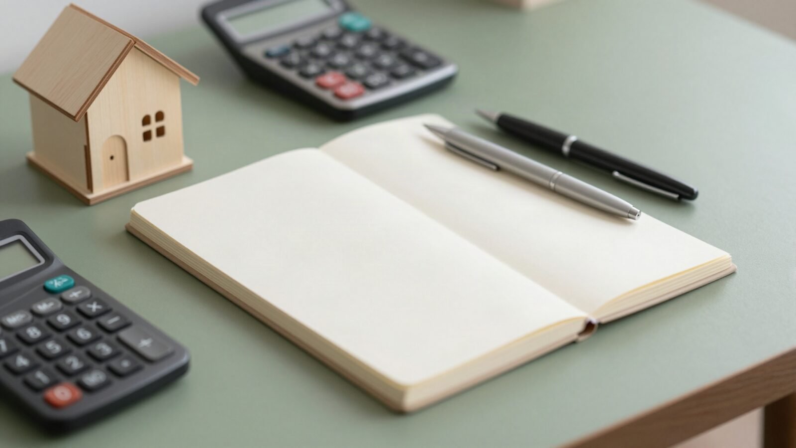 Casa de madera en miniatura, calculadora y cuaderno sobre un escritorio