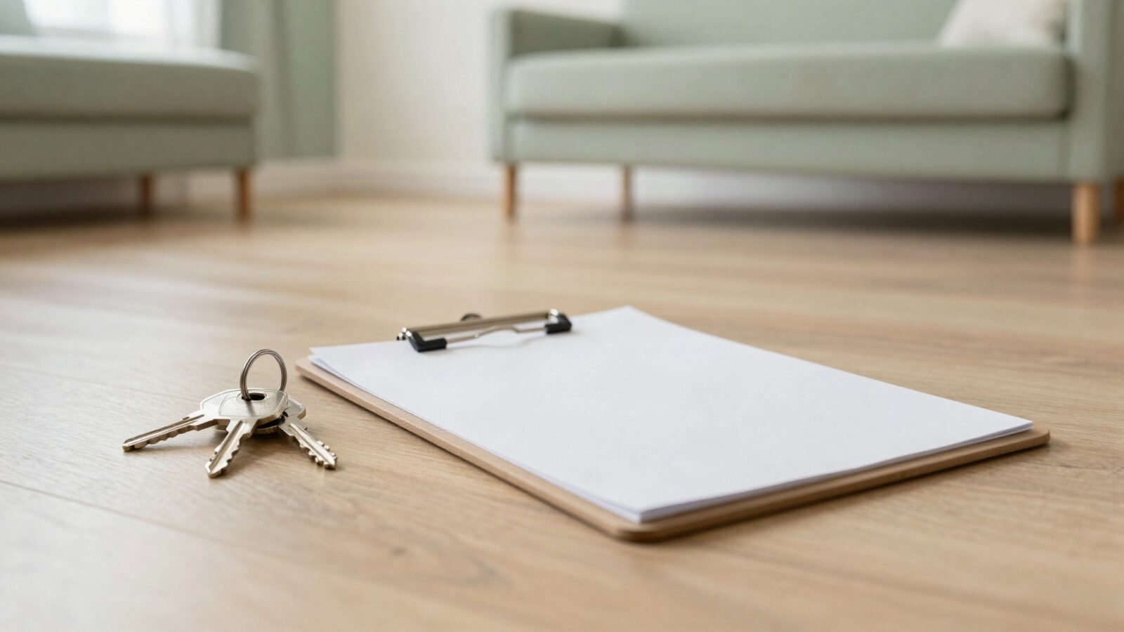 Llaves y tabla de notas sobre el piso de un apartamento vacío