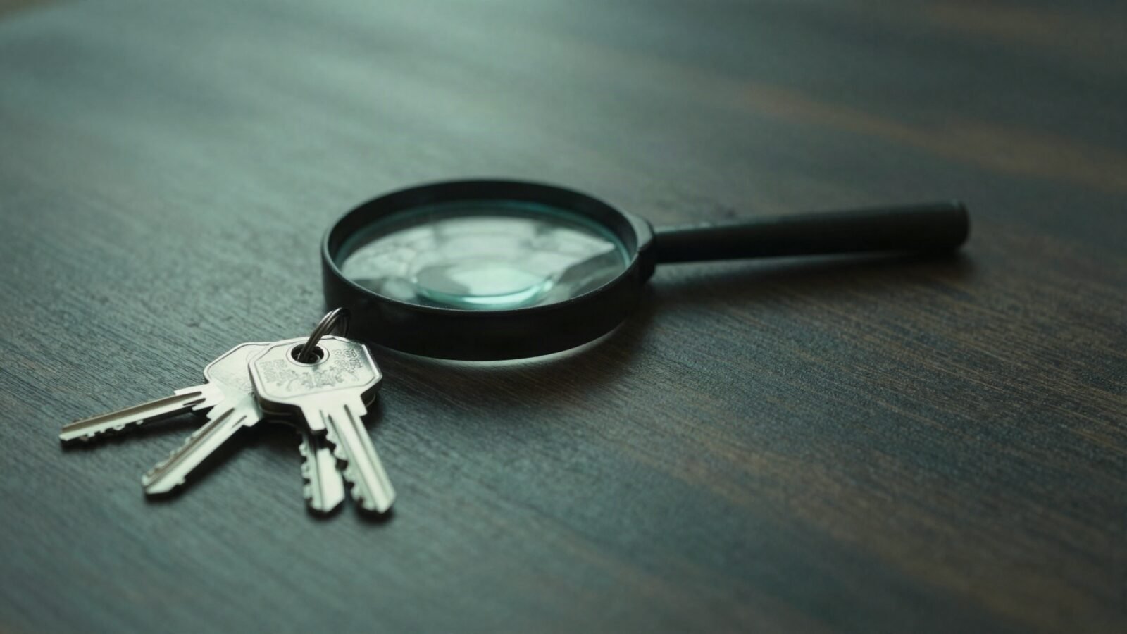 Lupa sobre un juego de llaves en un escritorio oscuro
