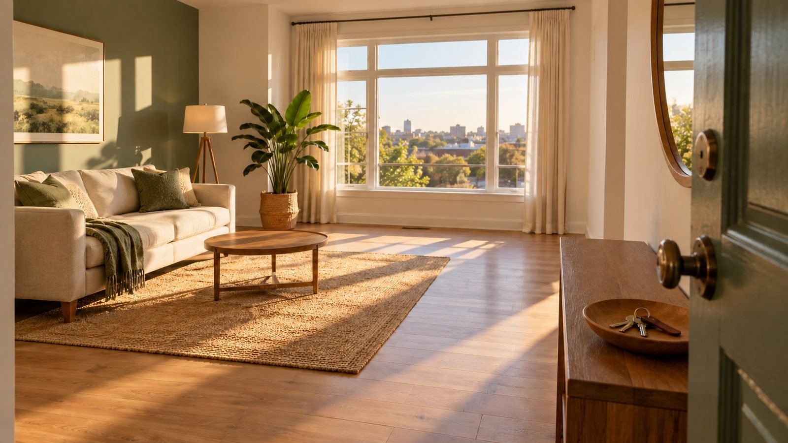 Sala luminosa de un apartamento vacío y ordenado, listo para arrendar, con las llaves sobre un mueble de entrada