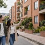Pareja recorriendo una calle residencial de Kennedy, en Bogotá, mirando edificios de apartamentos en ladrillo