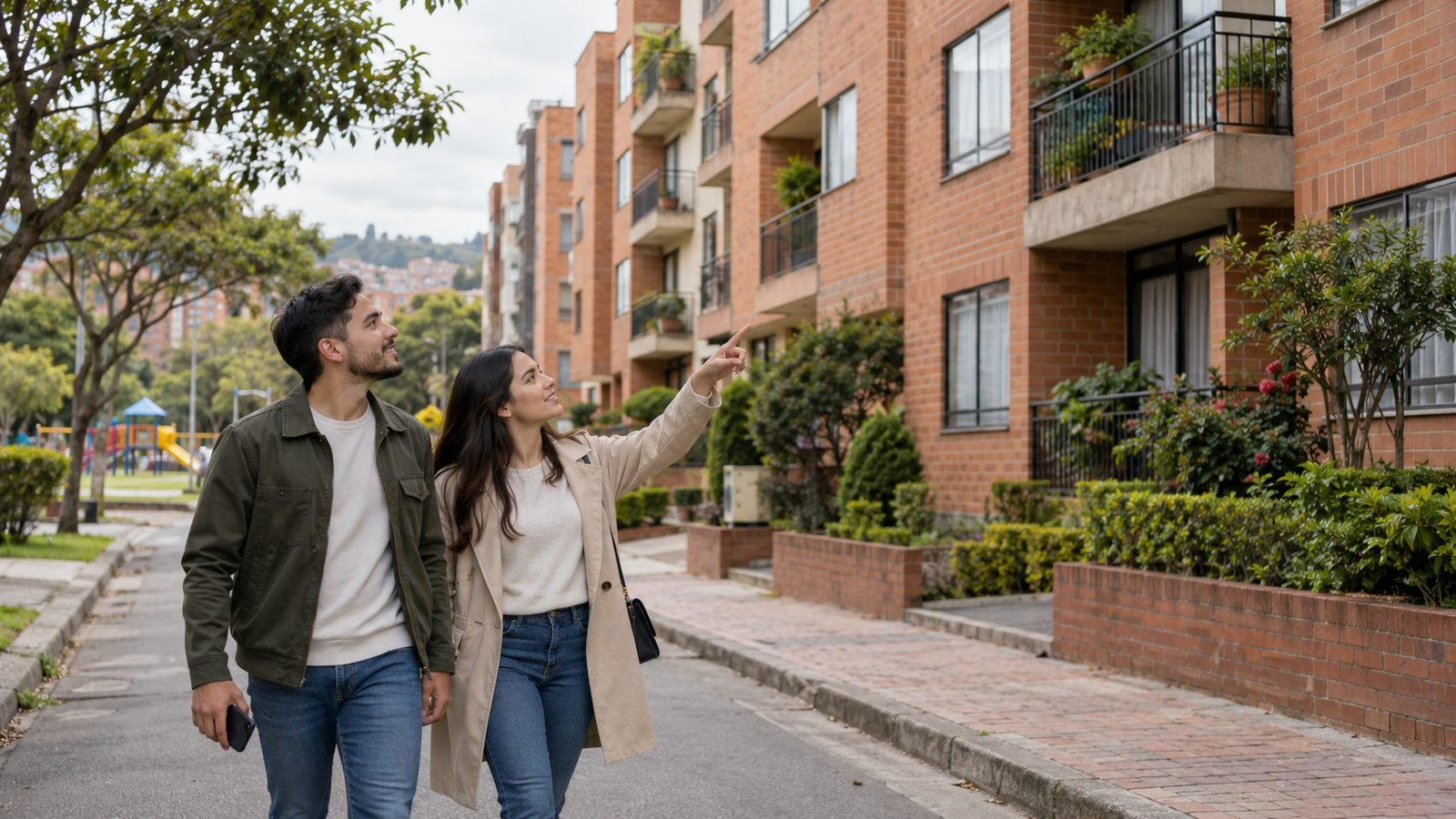 Pareja recorriendo una calle residencial de Kennedy, en Bogotá, mirando edificios de apartamentos en ladrillo