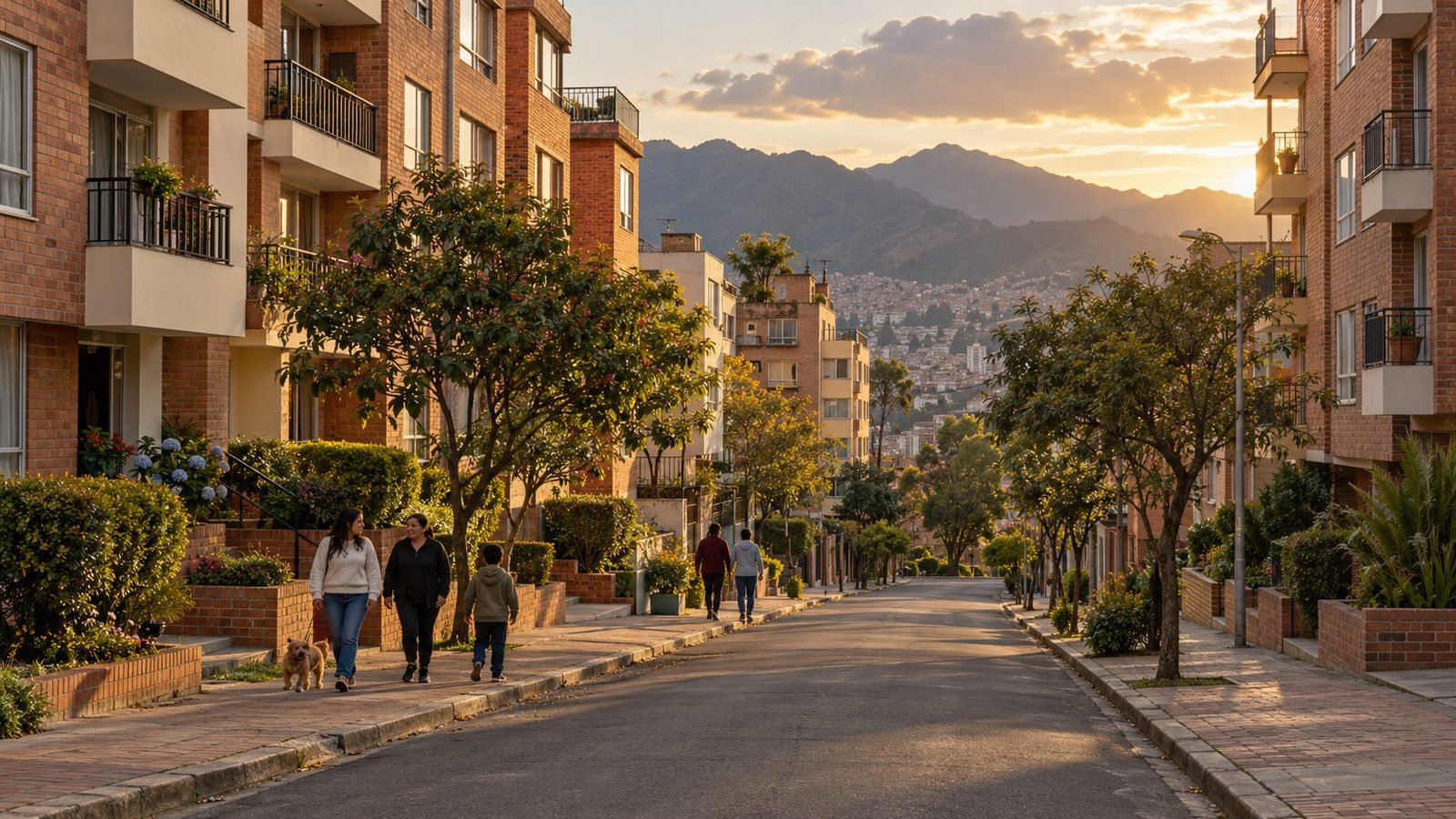 Calle residencial de edificios de ladrillo al atardecer en el suroccidente de Bogotá, con vecinos caminando