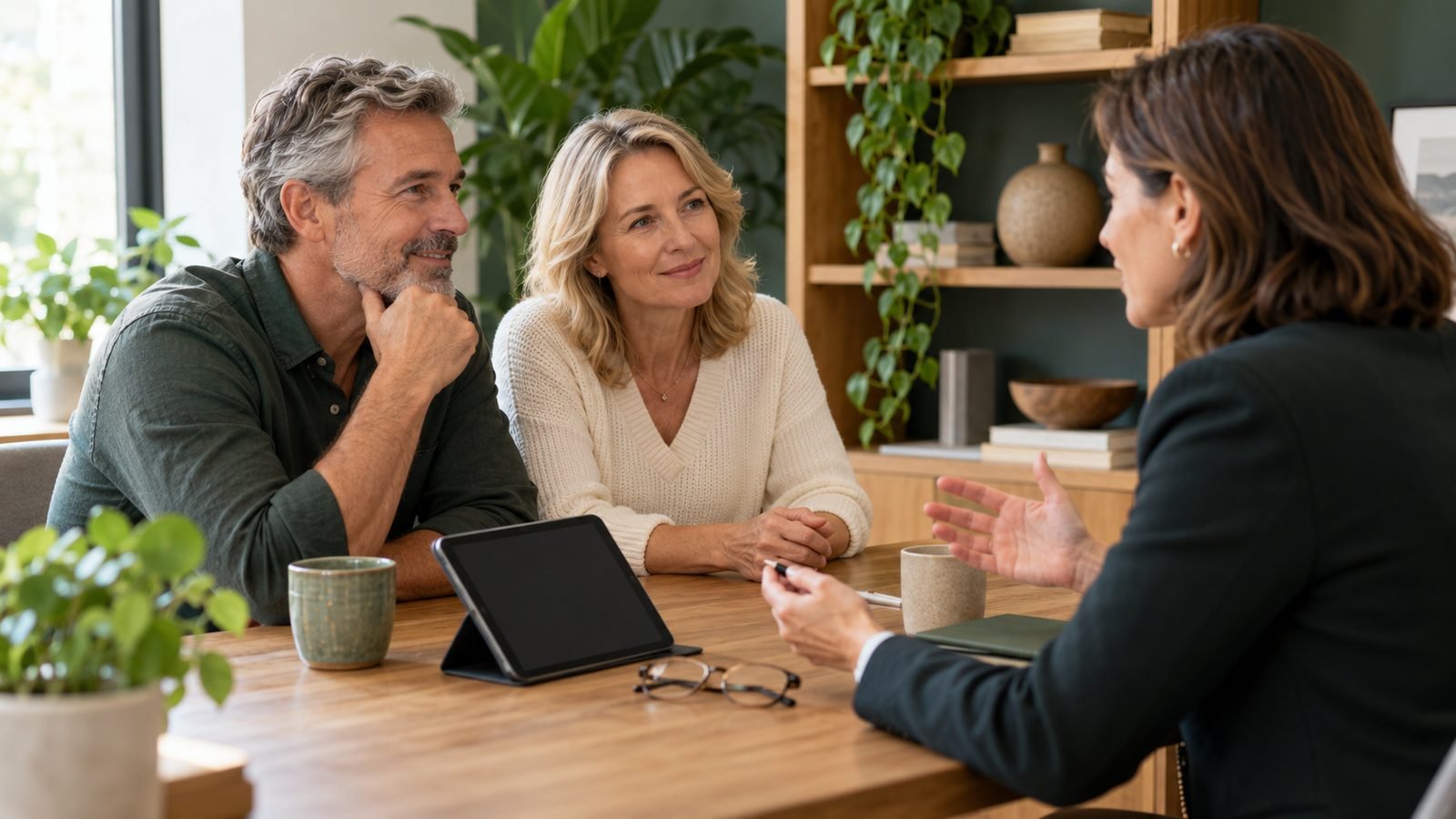 Pareja de propietarios recibiendo asesoría de una asesora inmobiliaria en una oficina luminosa
